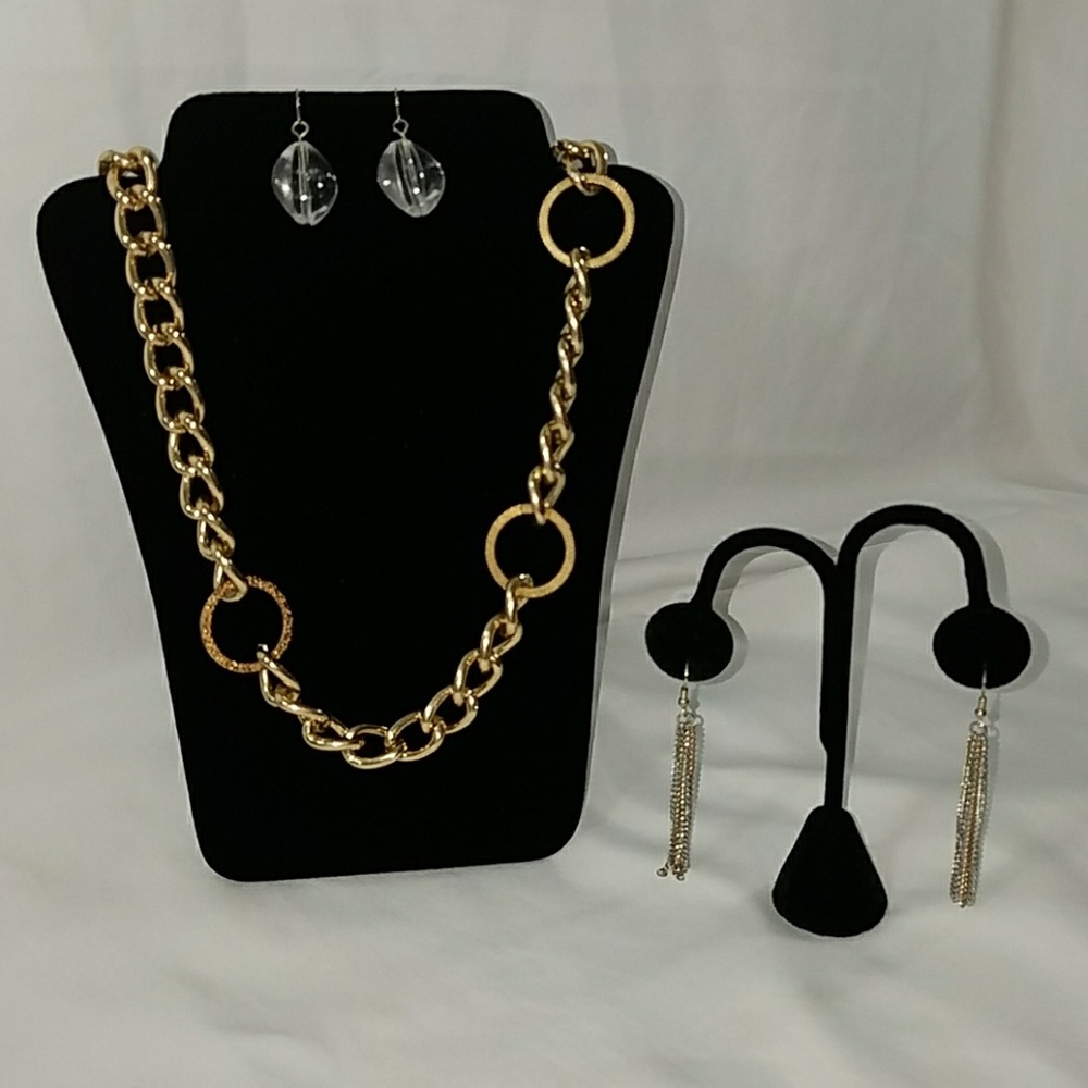 Gold Colored Long Chain Link Necklace and Earrings